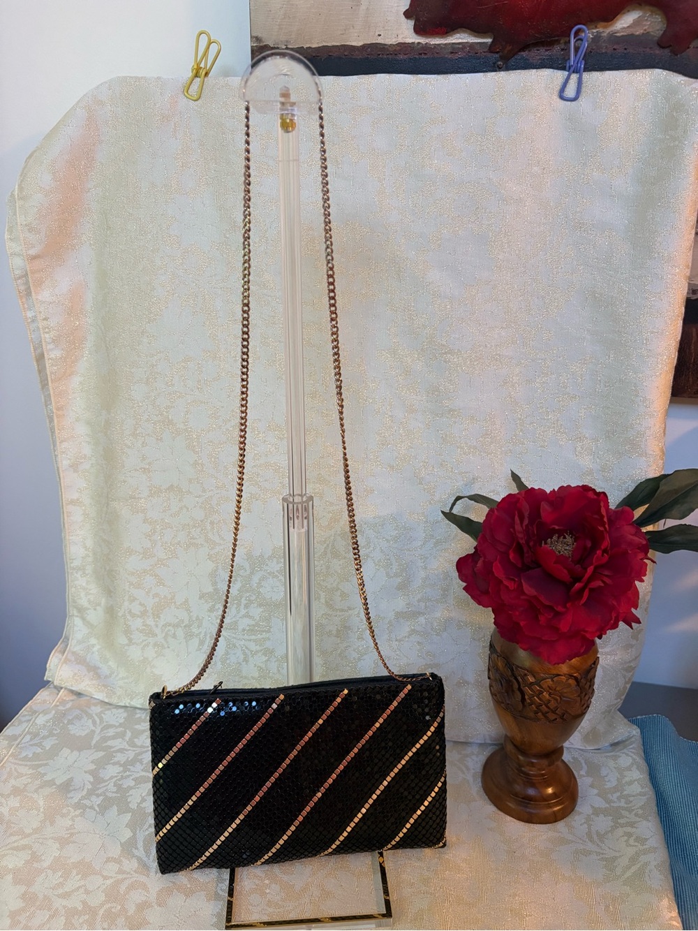 Black and Gold Metal Mesh Evening Shoulder Bag with Gold Chain